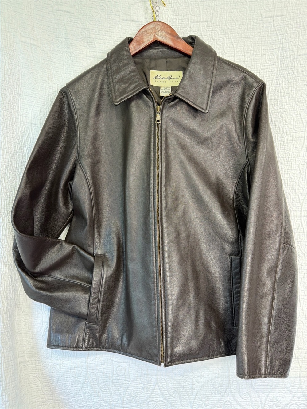 Eddie Bauer Chocolate Brown Leather Jacket Womens Large Full Zip Casual Coat